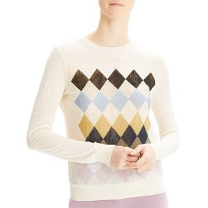 Theory Lightweight Argyle Intarsia Pullover Sweater Linen Blend Cream Colorful